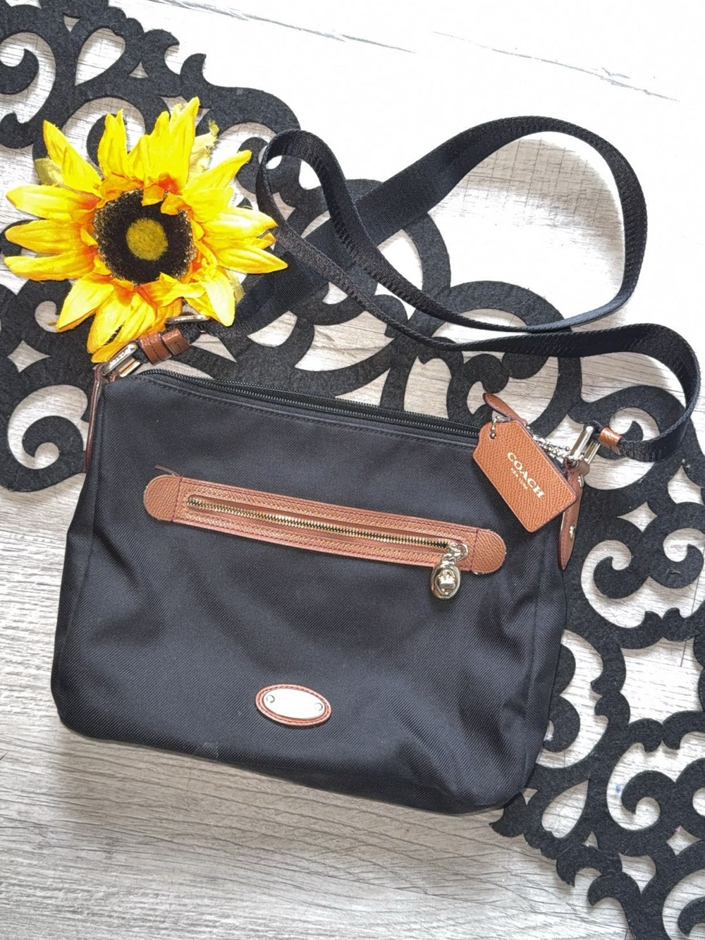 Coach Black Nylon Crossbody with Brown Leather Trim